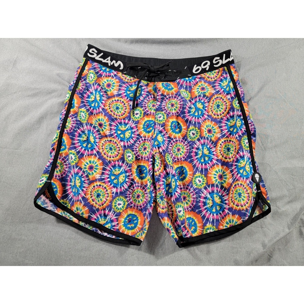 69 Slam Board Shorts 34x8 70's Peace Sign, Hippie, Swim, Beach, Surf, Pool